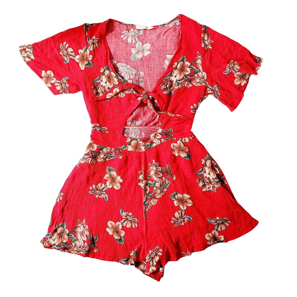 Illa Illa Floral‎ Romper Tie Front Cutout Red Tropical Beach Summer Small Shorts